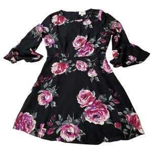 Everly Womens Black Pink Rose Floral Bell Sleeve Fit and Flare Mini Dress Small